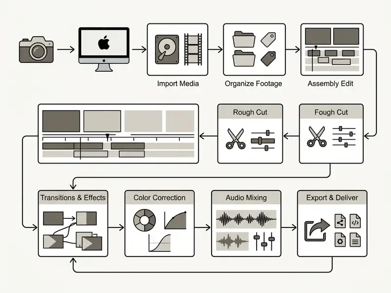 Diagram showing the sequential steps of a post-production workflow from media import to final export