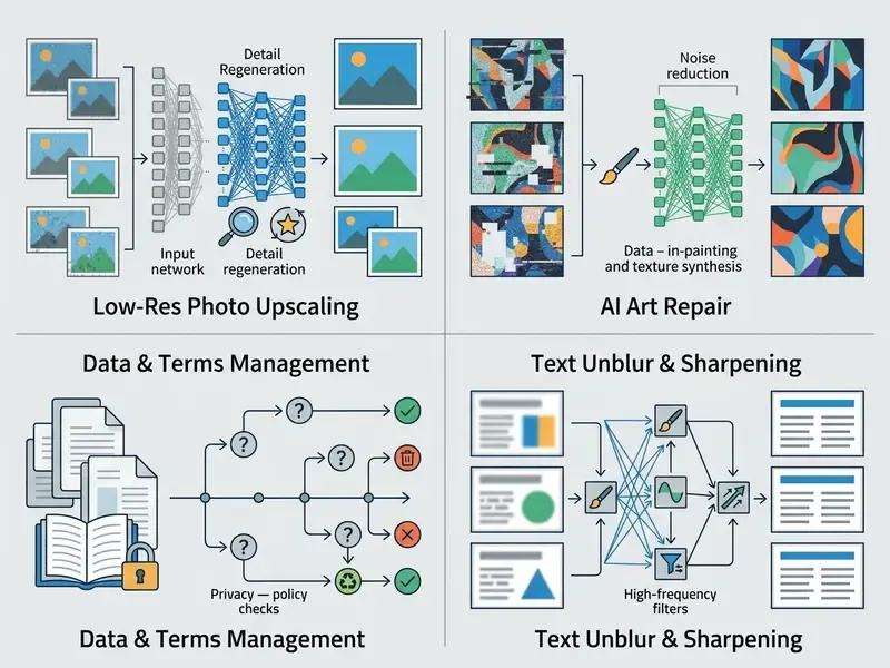 Infographic showing AI processing methods for upscaling, art repair, data management, and product photos