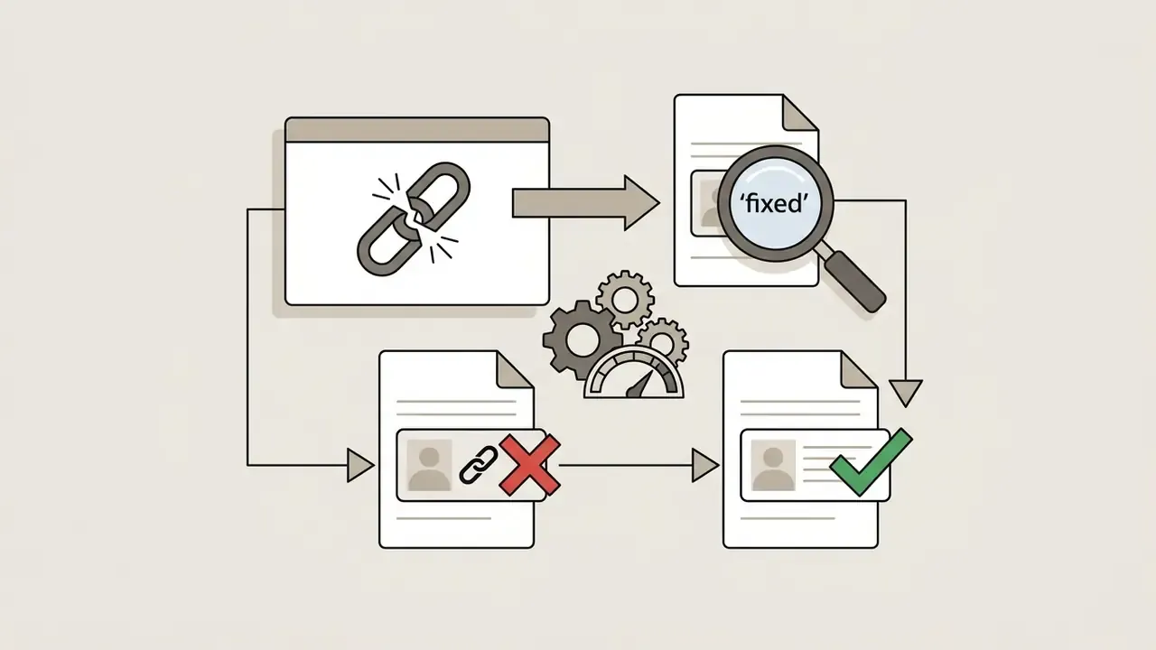 Broken link being analyzed by gears and a magnifying glass to update document status to fixed