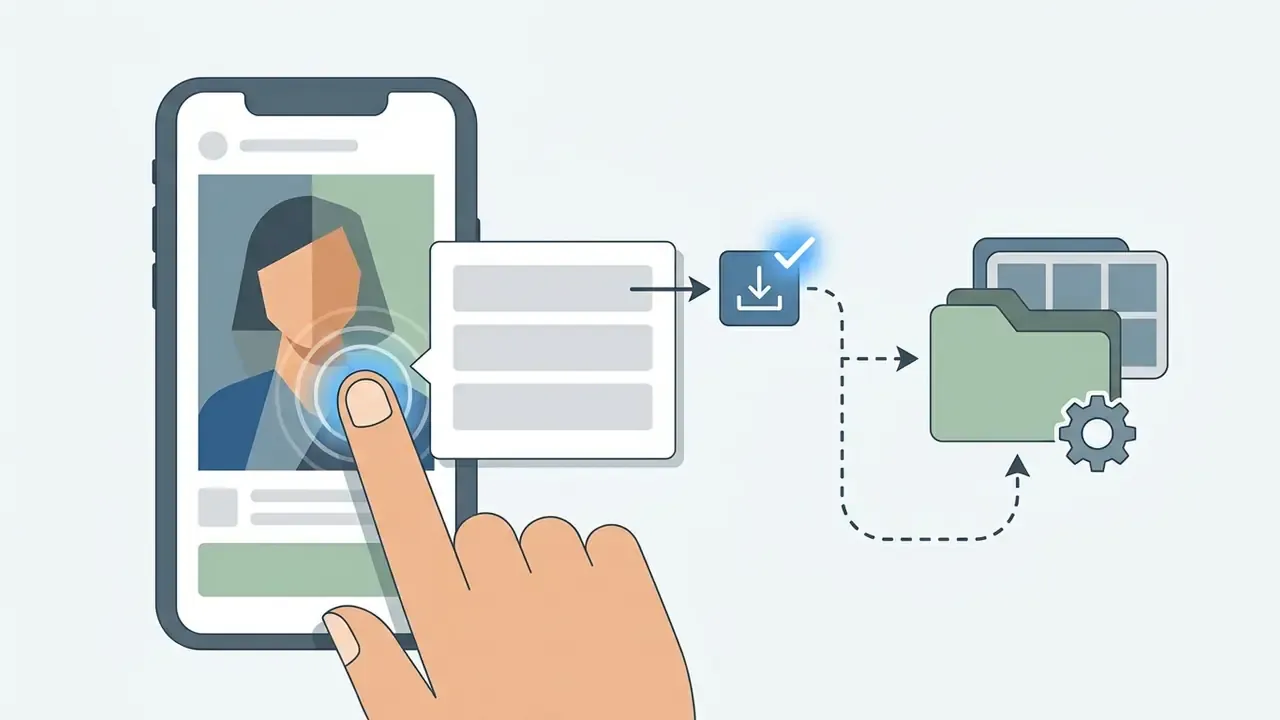 Finger long-pressing a mobile screen to trigger a download menu that saves the image to a device folder