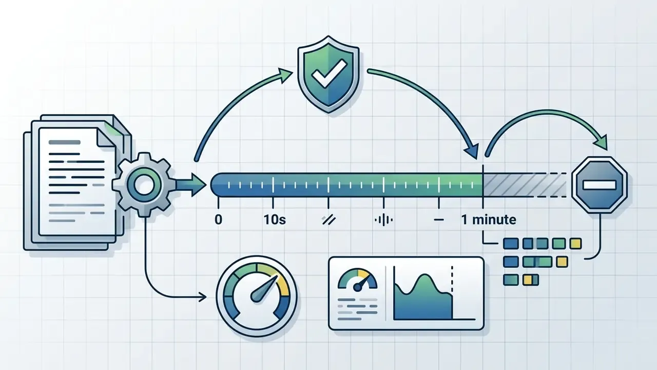 Document script moving through a gear into a timeline that stops at a one minute mark