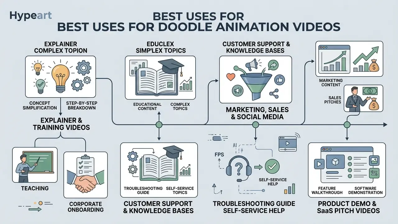 Infographic showing various applications for animated content in training, education, and sales