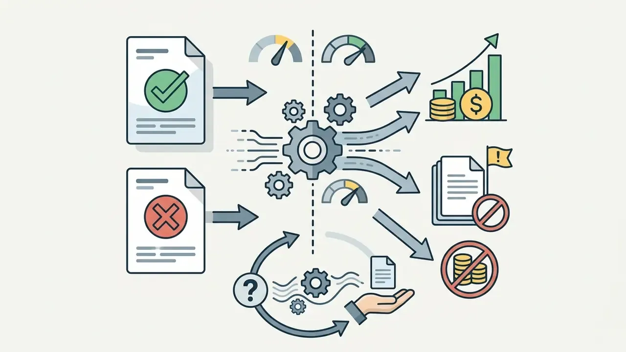 Document icons with checkmarks and crosses feeding into a central gear system with financial outcomes
