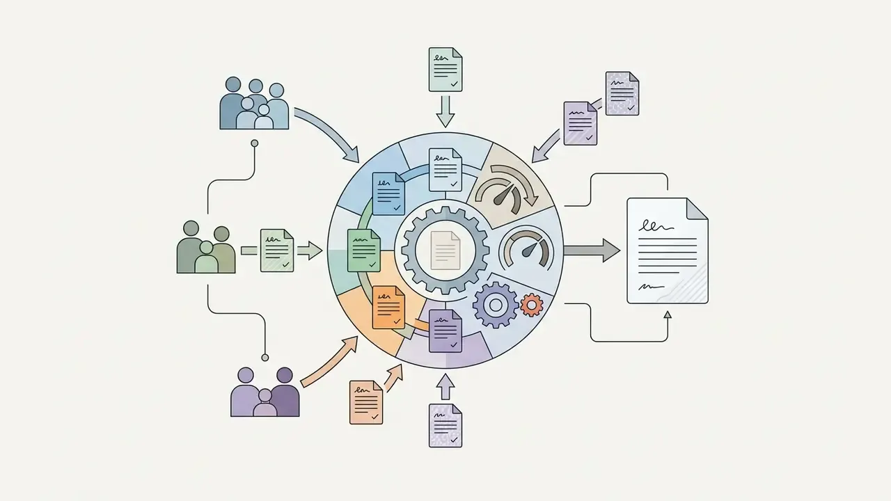Multiple groups of people contributing documents into a central gear system to produce a single text file