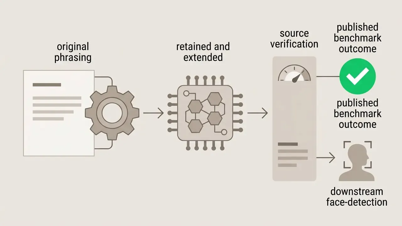 Text moving through a gear and processor to a gauge and face detection icon for source verification