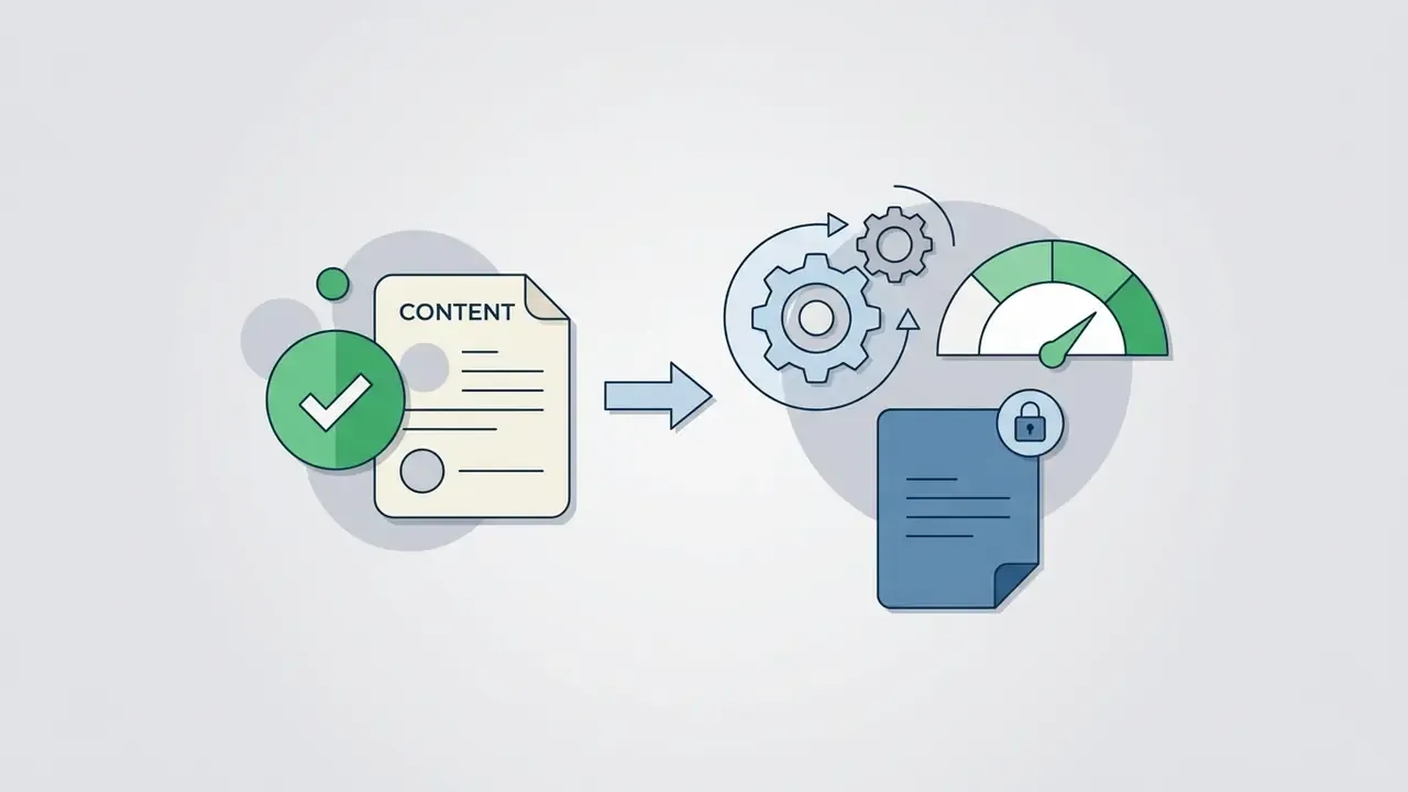 Document icon transitioning into a protected processing stage with gears and a security lock symbol