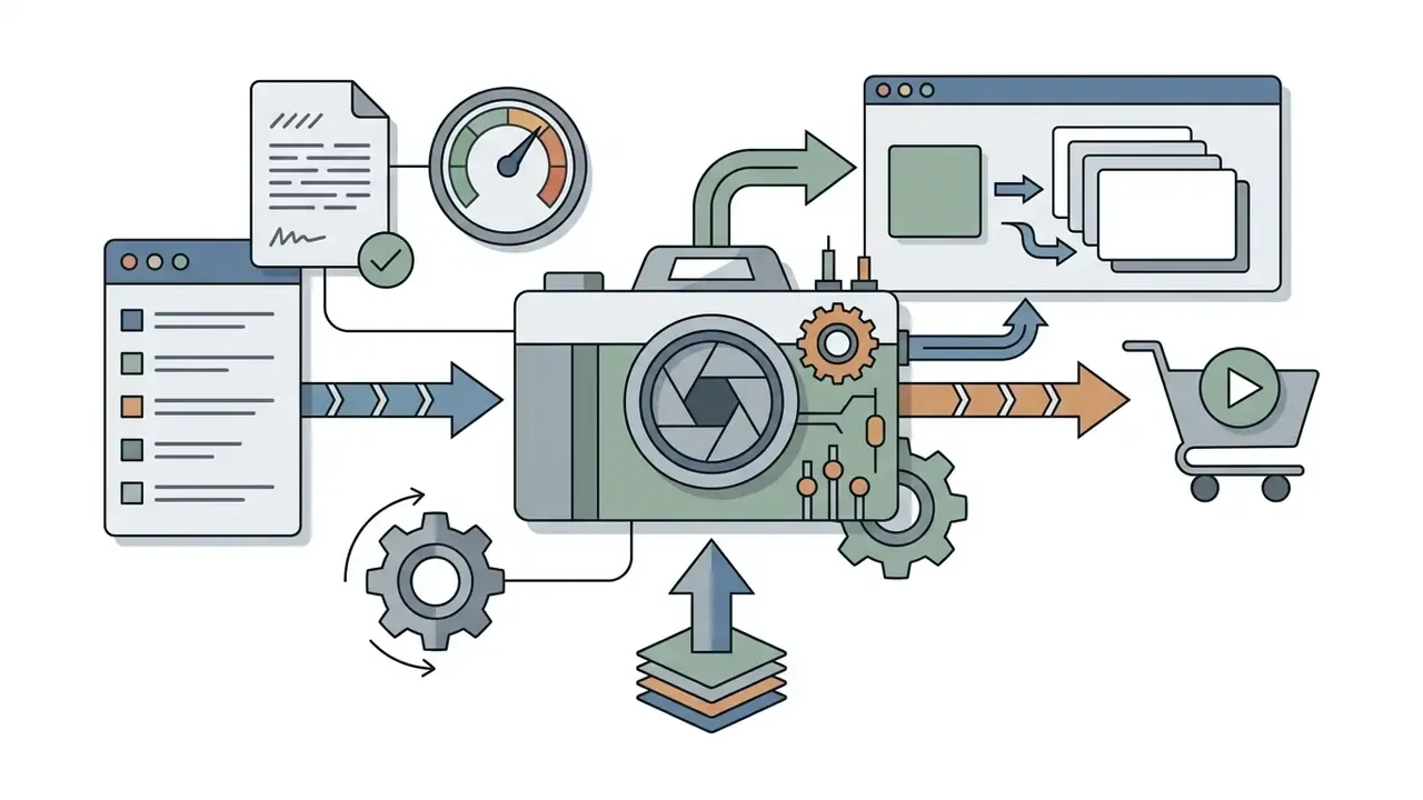 Diagram showing camera settings, image layering, and processing steps for e-commerce video production