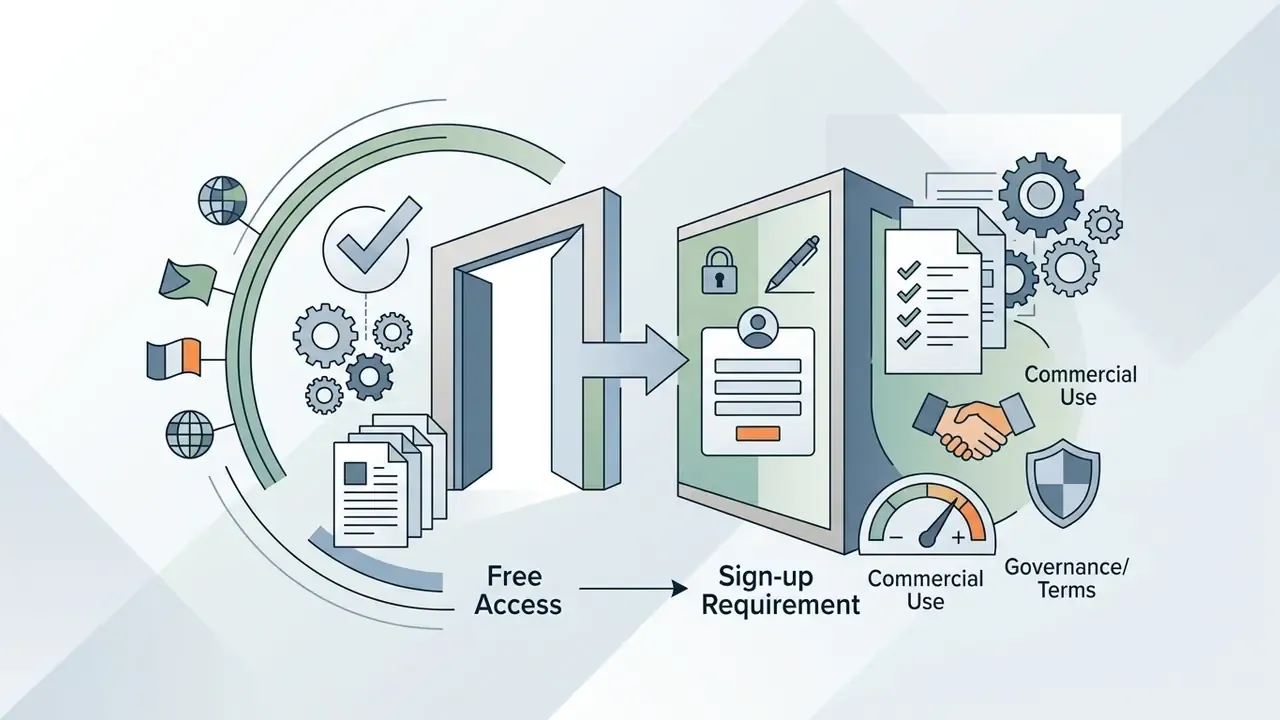 Open door leading from free access icons to a sign-up portal with commercial use and governance symbols