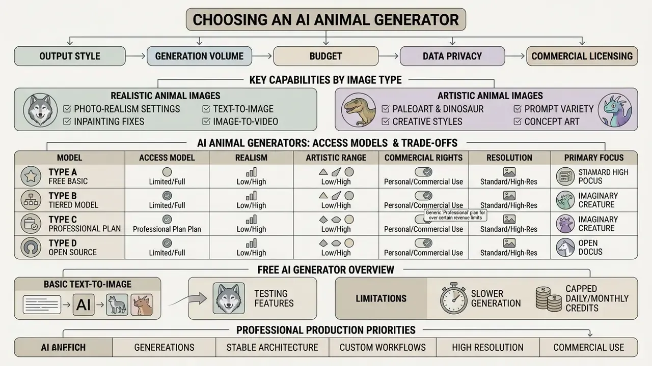 Infographic comparing AI animal generator models, capabilities, and professional production priorities