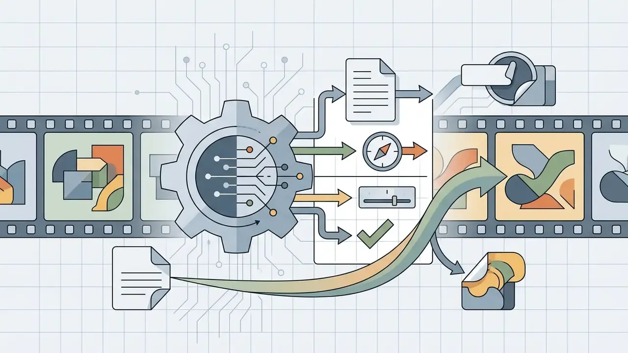 Gear icon processing document inputs and frame sequences into morphed label animations