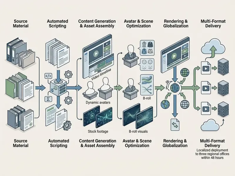 Workflow diagram showing the transformation of source documents into localized video assets