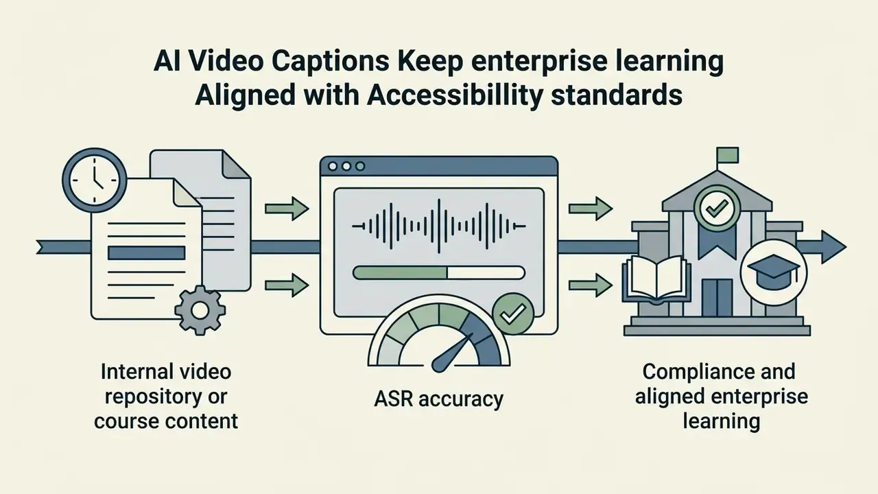 Documents and audio waveforms flowing through a processing interface into an educational institution icon