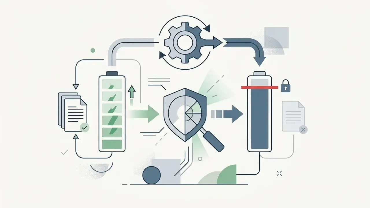 Two battery icons connected by a gear and a central shield icon representing resource consumption limits