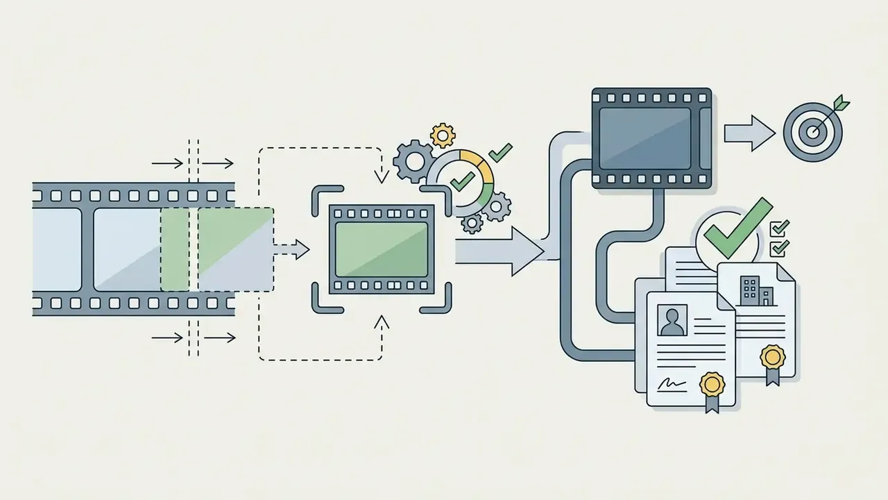 Process of trimming video footage and verifying compliance with legal documentation and model releases