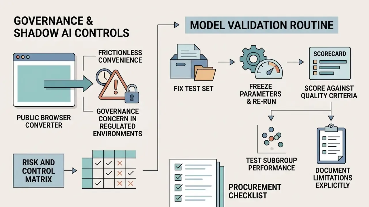 Process diagram showing risk assessment steps for browser converters and model validation routines
