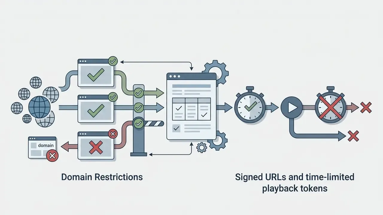 Process flow showing domain filtering and time-limited token authentication for video playback
