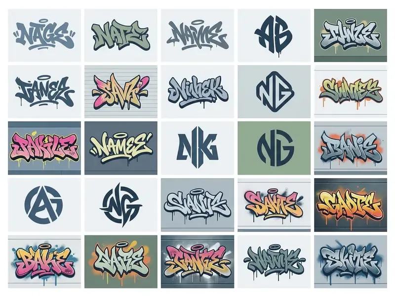 Grid of diverse graffiti art examples featuring stylized lettering and circular logo designs