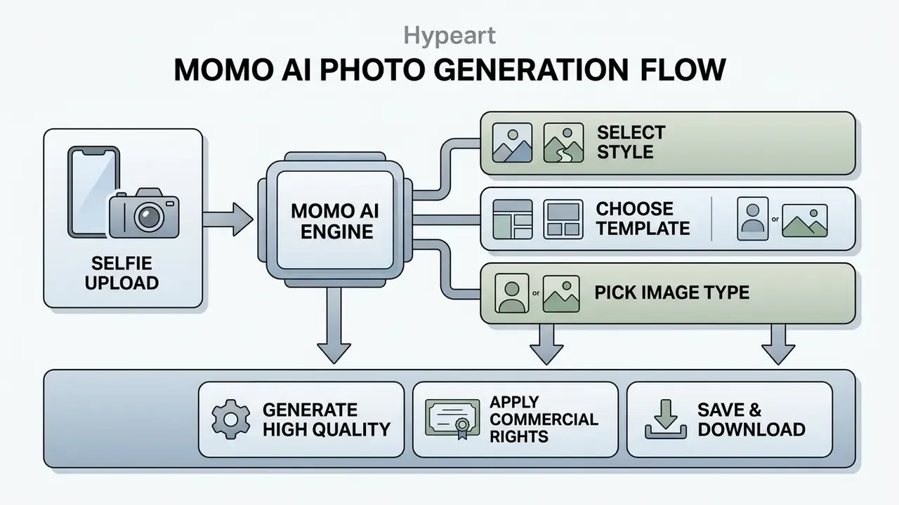 Diagram showing the step-by-step user journey from selfie upload through engine processing to final download