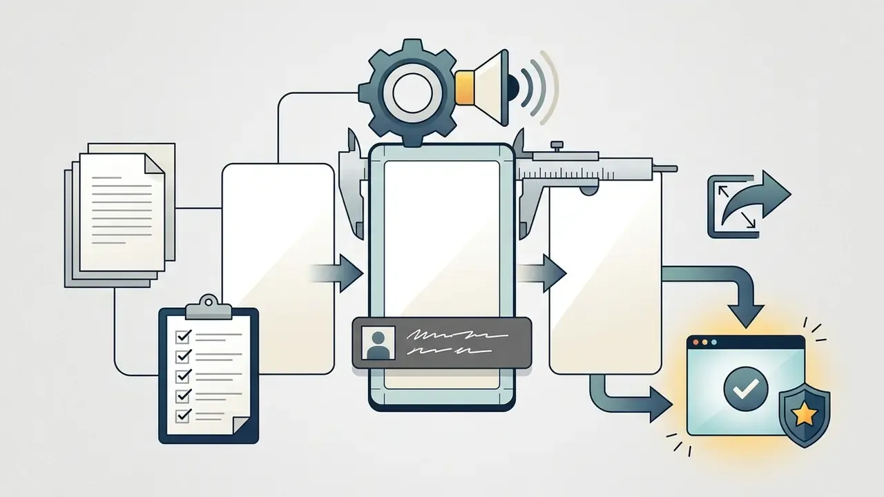 Documents and a checklist feeding into a vertical screen with a caliper and speaker icon for layout editing