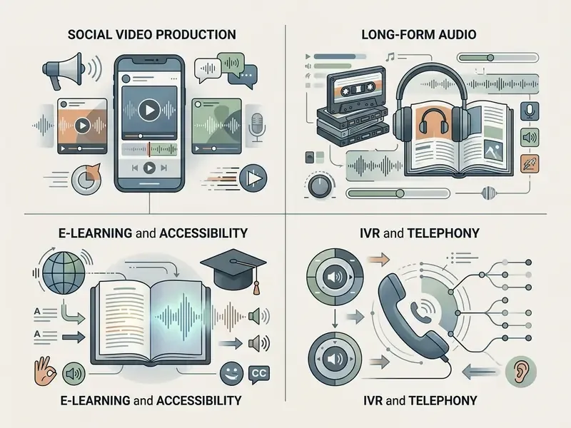 Four-part infographic detailing application domains for synthetic voiceovers including video and telephony