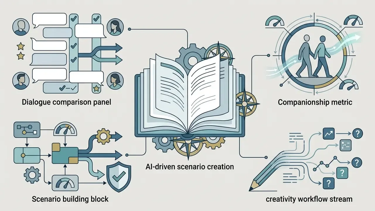 Central open book surrounded by icons representing dialogue, companionship, scenario building, and creativity