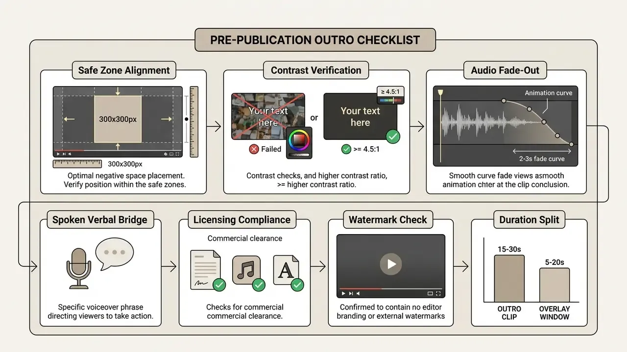 Checklist showing steps for safe zone alignment, contrast, audio fade, voiceover, and duration planning