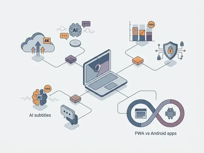 Laptop connected to icons representing cloud rendering, AI features, and PWA versus Android app choices