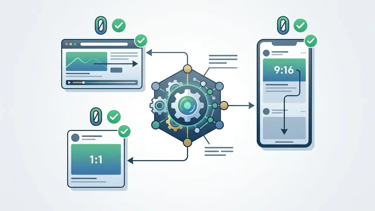 Central gear mechanism connecting desktop and mobile interfaces to optimize AI Video API output formats
