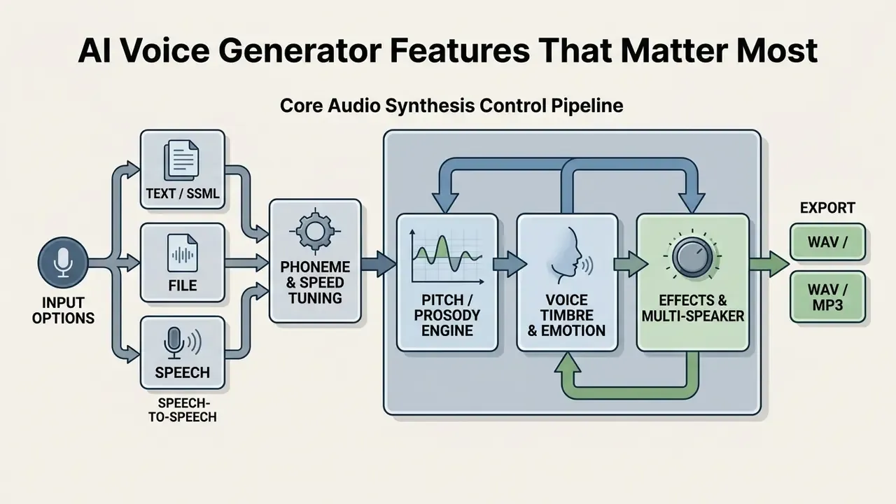 Flowchart showing the technical pipeline from input options through synthesis engines to audio file export