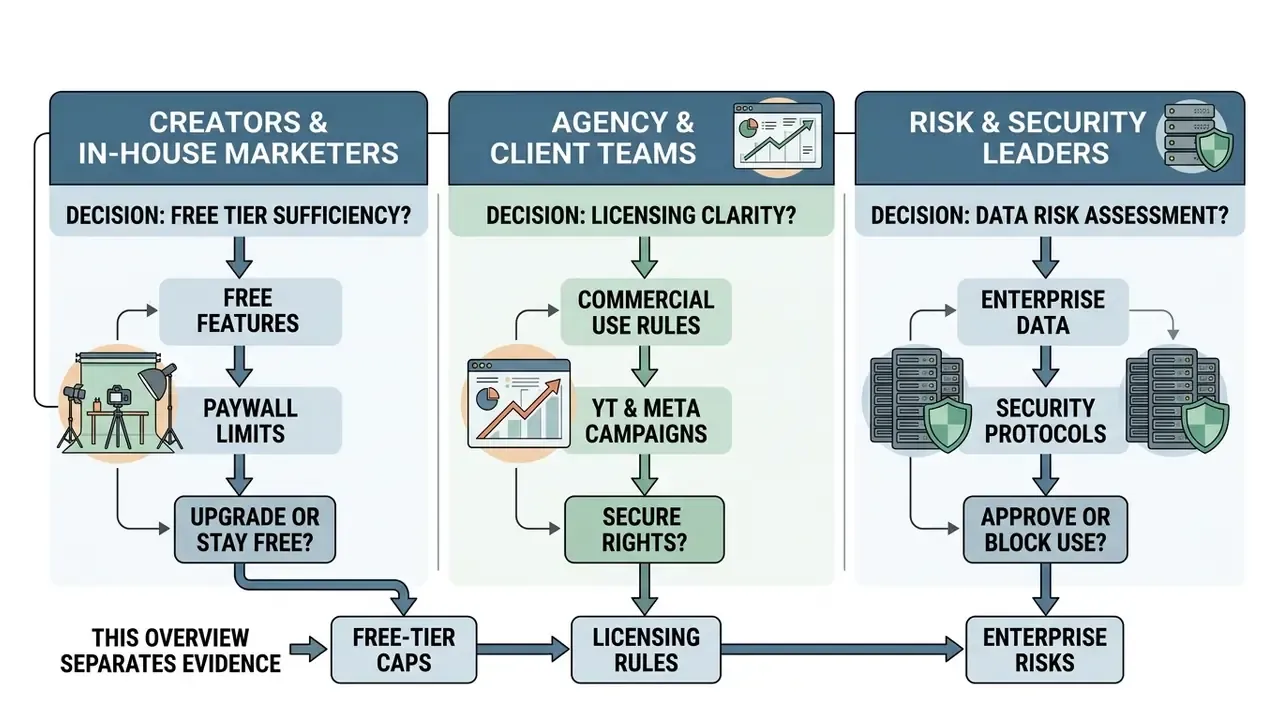 Flowchart showing decision paths for creators, agencies, and security teams evaluating CapCut features