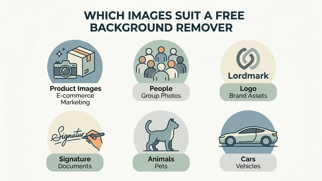 Icons representing products, people, logos, signatures, animals, and cars suitable for background removal