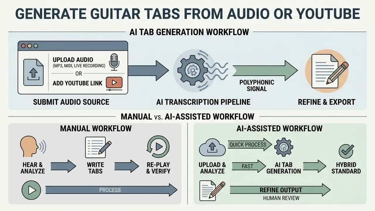 Diagram comparing manual transcription steps with an automated AI guitar tab generator workflow