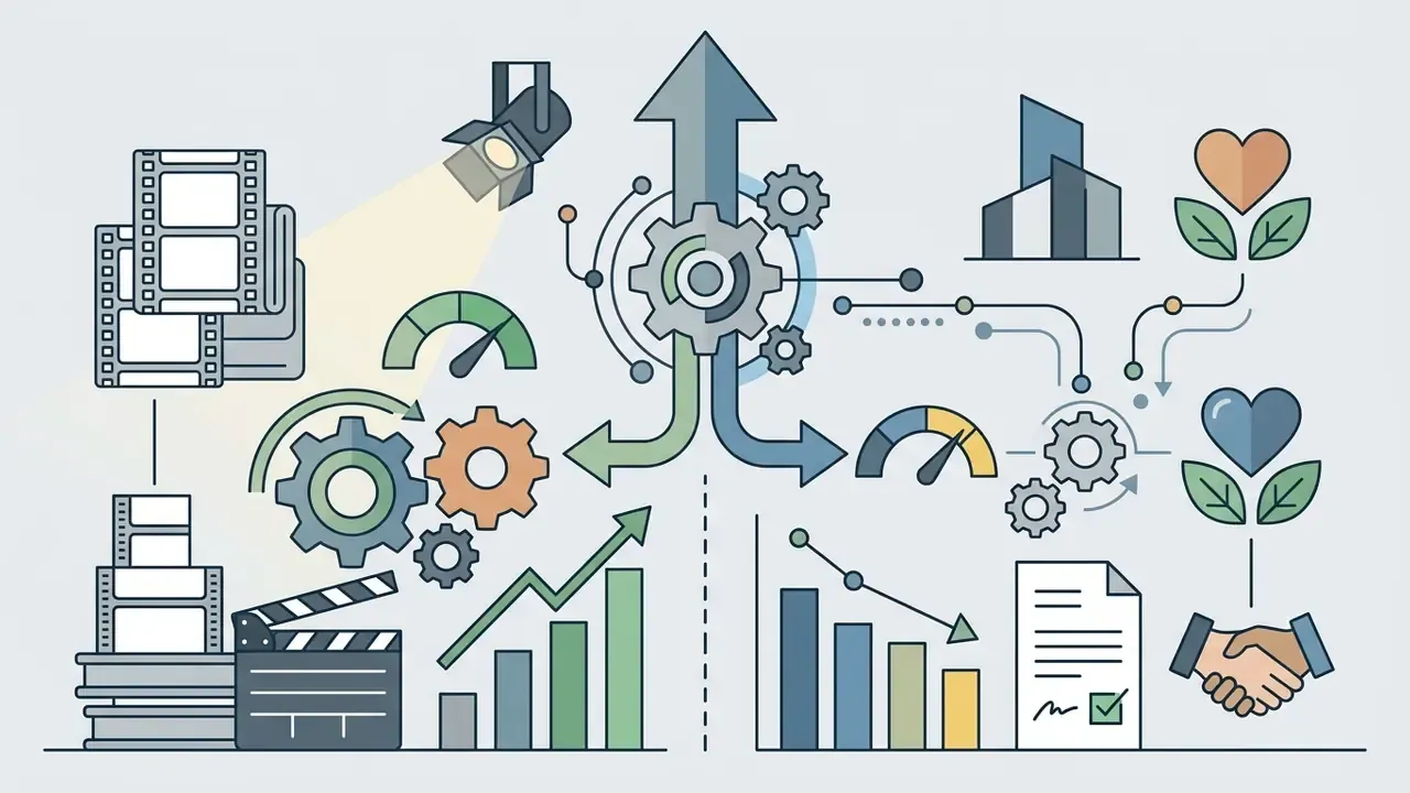Icons representing film production, corporate sectors, growth trends, and professional collaboration