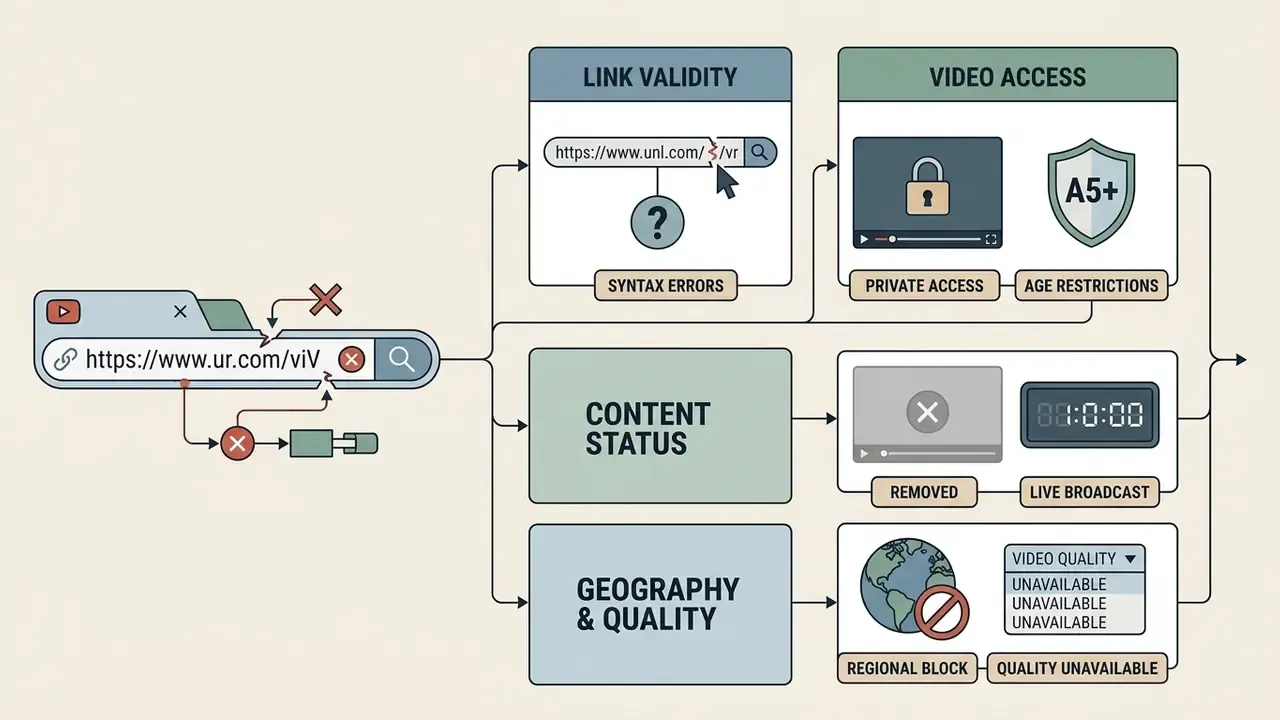 Diagram showing common reasons why an online video converter fails to process a specific URL