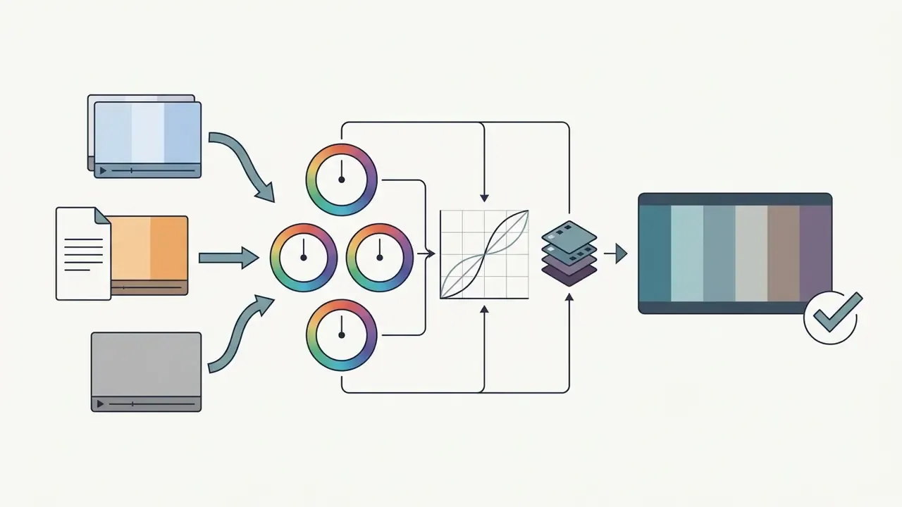 Multiple video sources processed through color wheels and curves to create a unified color palette