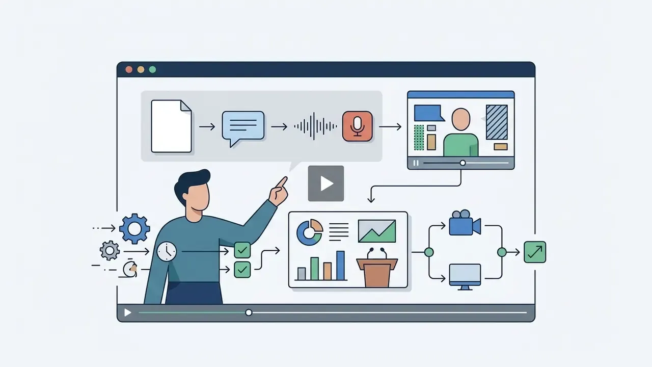Human avatar pointing to a workflow showing text converted to speech and integrated into a video project