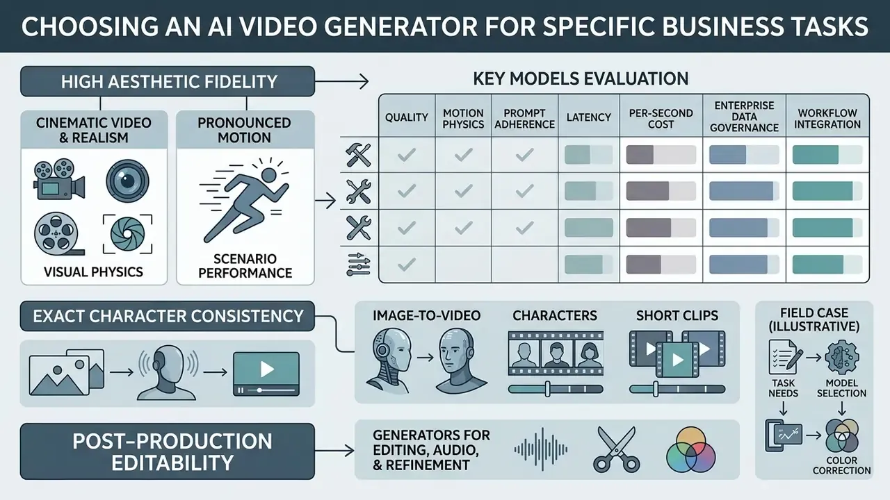Infographic mapping AI video generators to business tasks through model evaluation and workflow icons