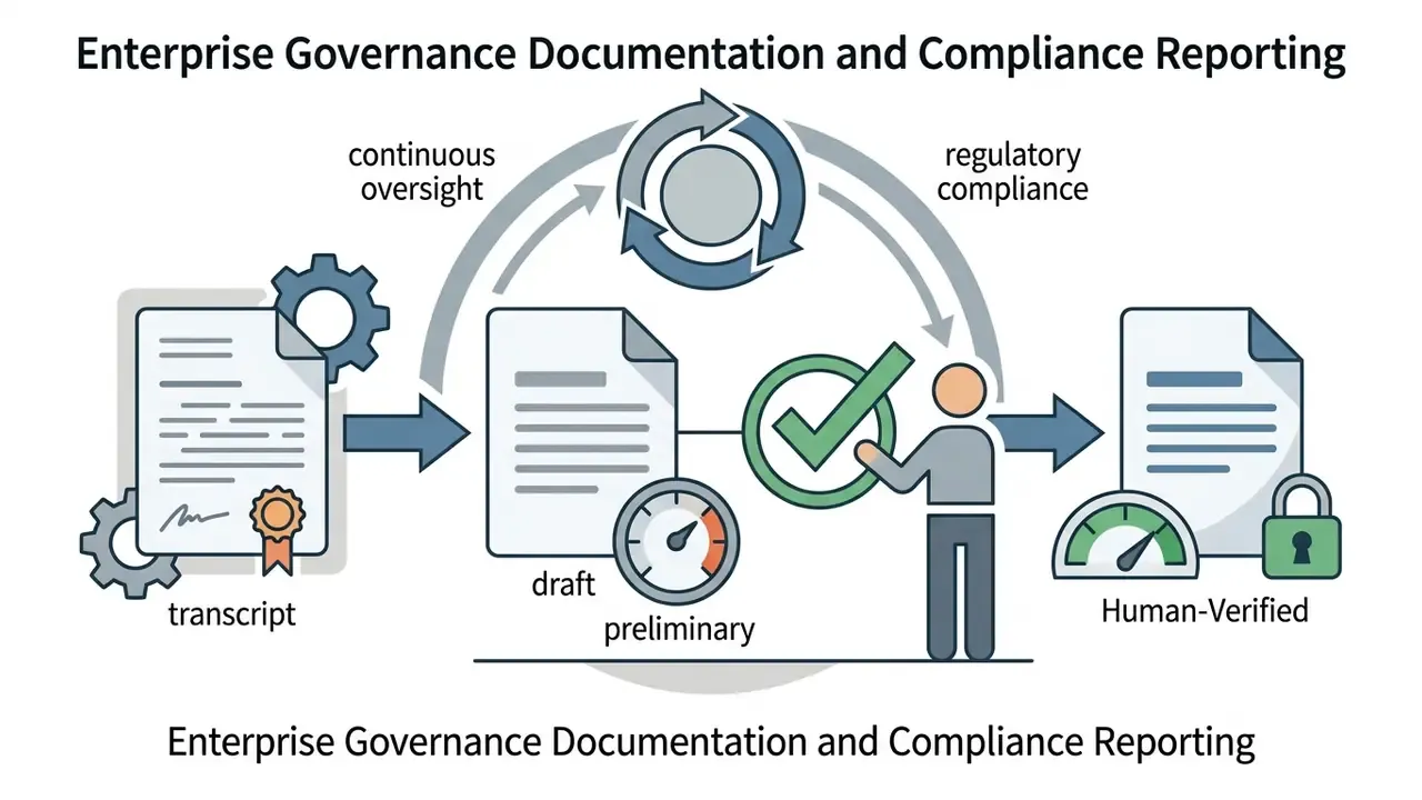 Process flow from transcript to draft and final human-verified document with oversight and compliance icons