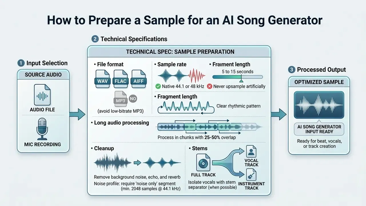 Workflow diagram detailing audio file formats, sample rates, and cleanup steps for an AI song generator