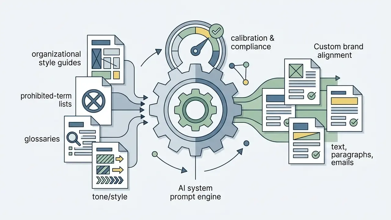 Style guides and glossaries feeding into a gear mechanism to produce aligned documents and emails