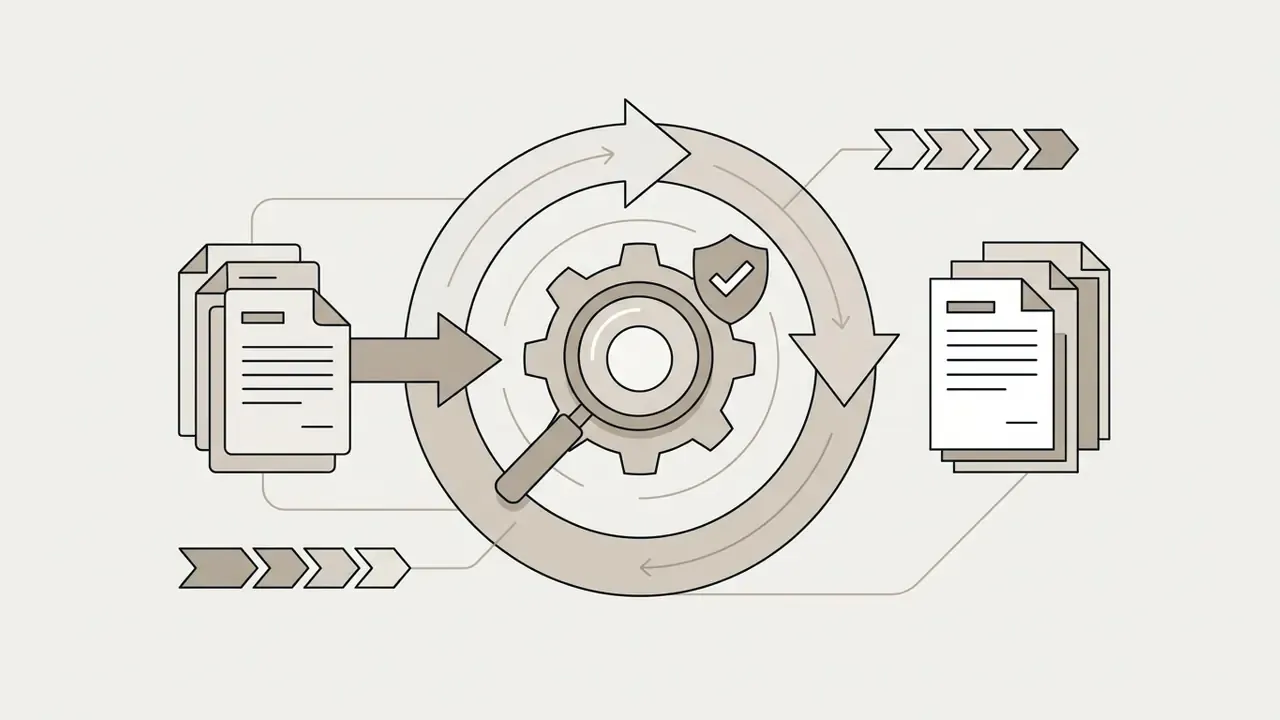 Papers moving through a gear and magnifying glass system to reach a reviewed summary document