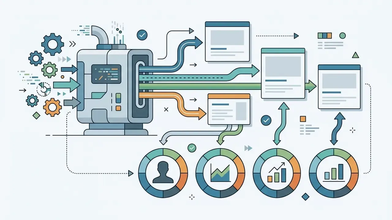 Mechanical engine processing data inputs into documents and demographic charts for marketing analysis