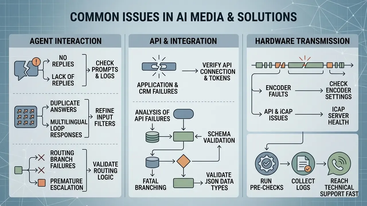 Infographic detailing troubleshooting steps for agent interaction, API integration, and hardware transmission