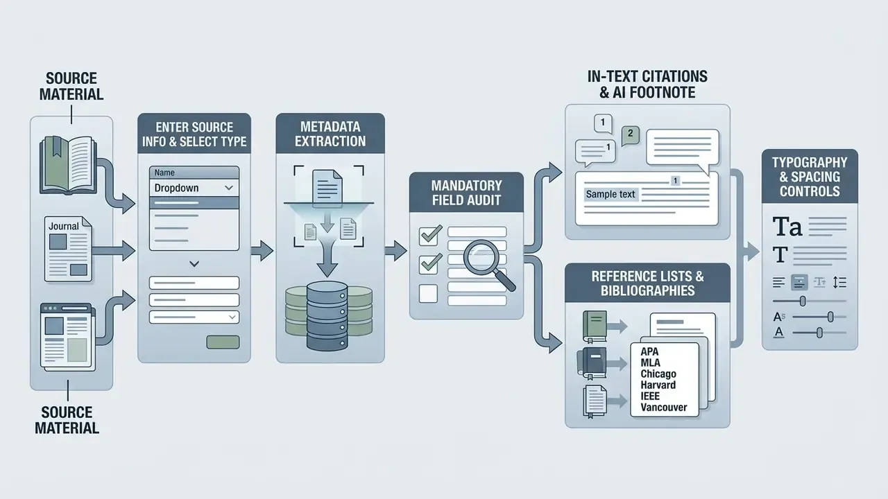 Sequential process flow showing source input, metadata extraction, field auditing, and final formatting