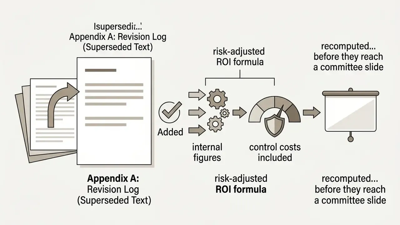 Documents feeding into a gear mechanism and gauge to update a risk-adjusted ROI formula for a presentation