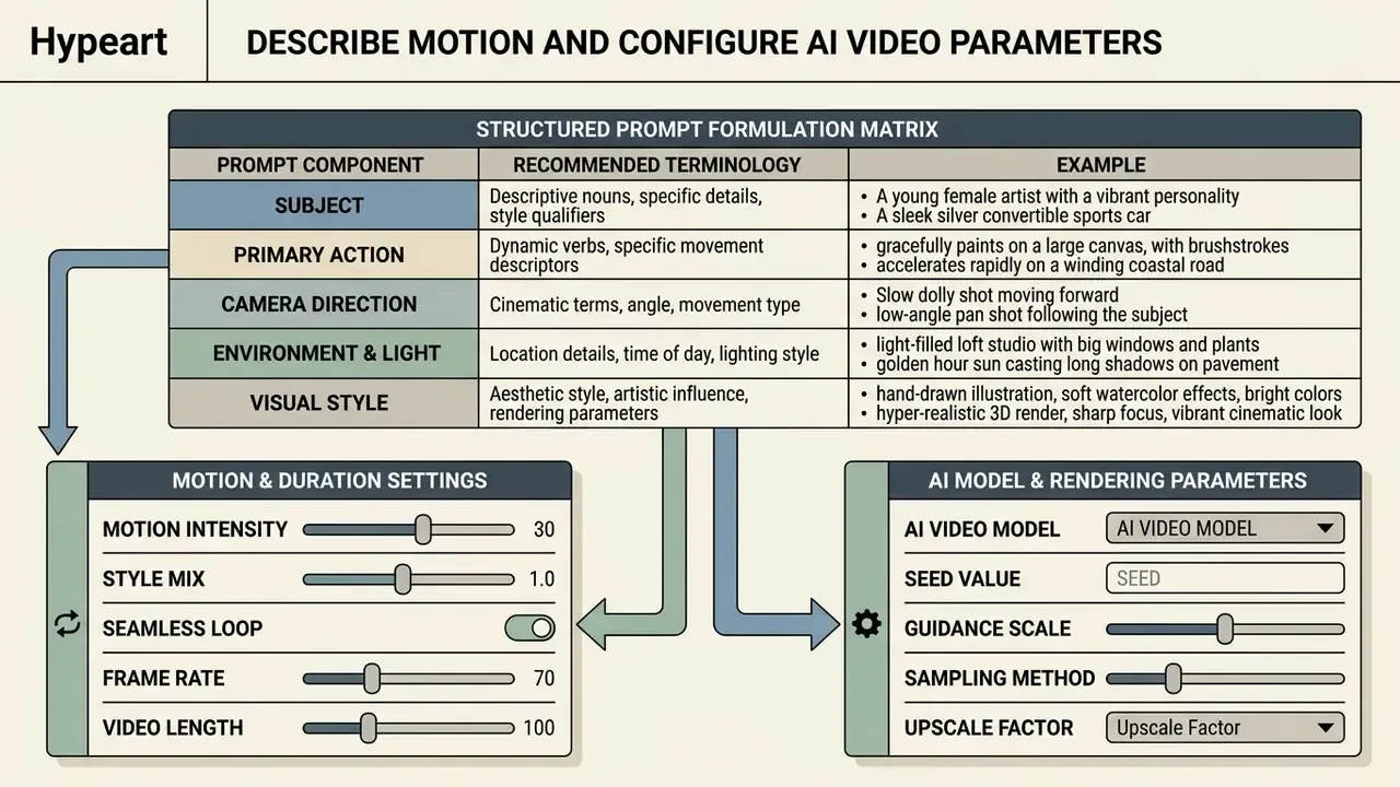 Structured prompt matrix linked to motion, duration, and rendering parameter sliders for generative media