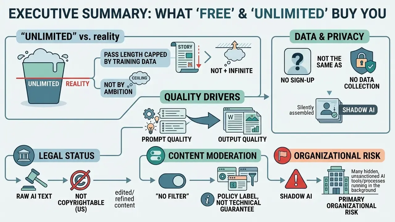 Infographic showing limitations of free AI tools regarding data privacy, legal status, and output quality