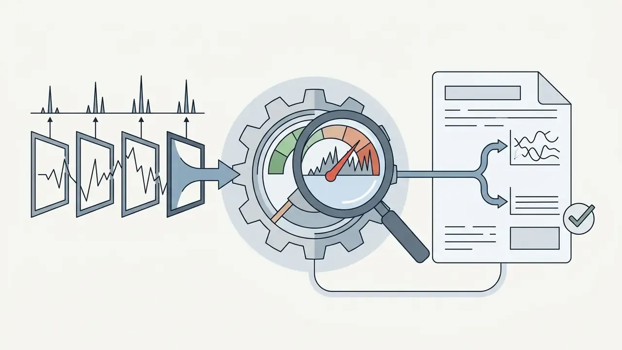 Sequential video frames feeding into a gear-shaped gauge analyzed by a magnifying glass into a report