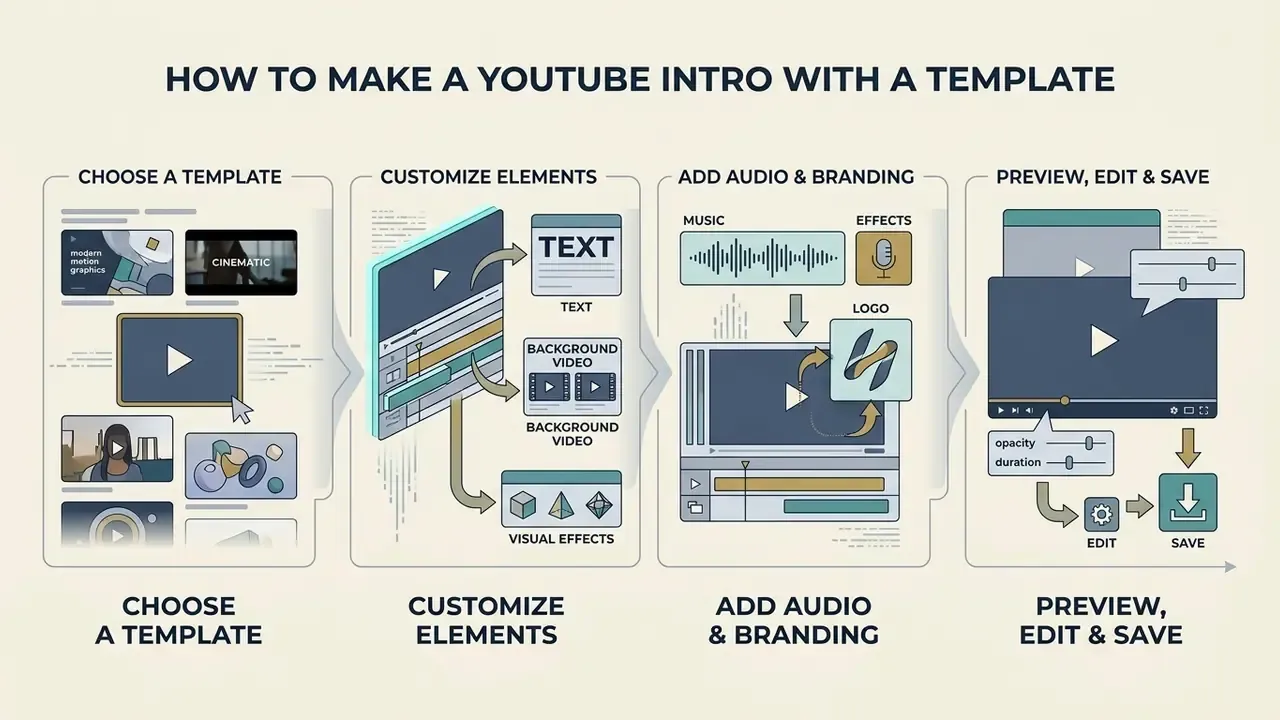 Four step diagram showing how to select a template, customize elements, add audio, and save a video