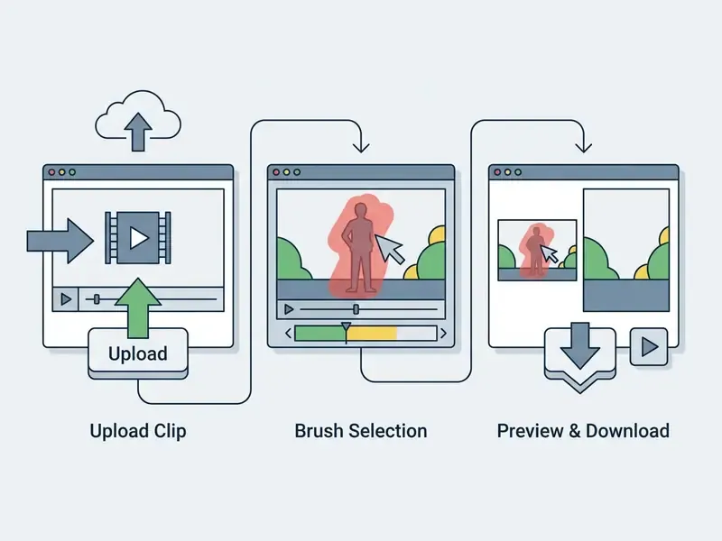 Three-step process to upload a video, brush over an unwanted object, and preview or download the result